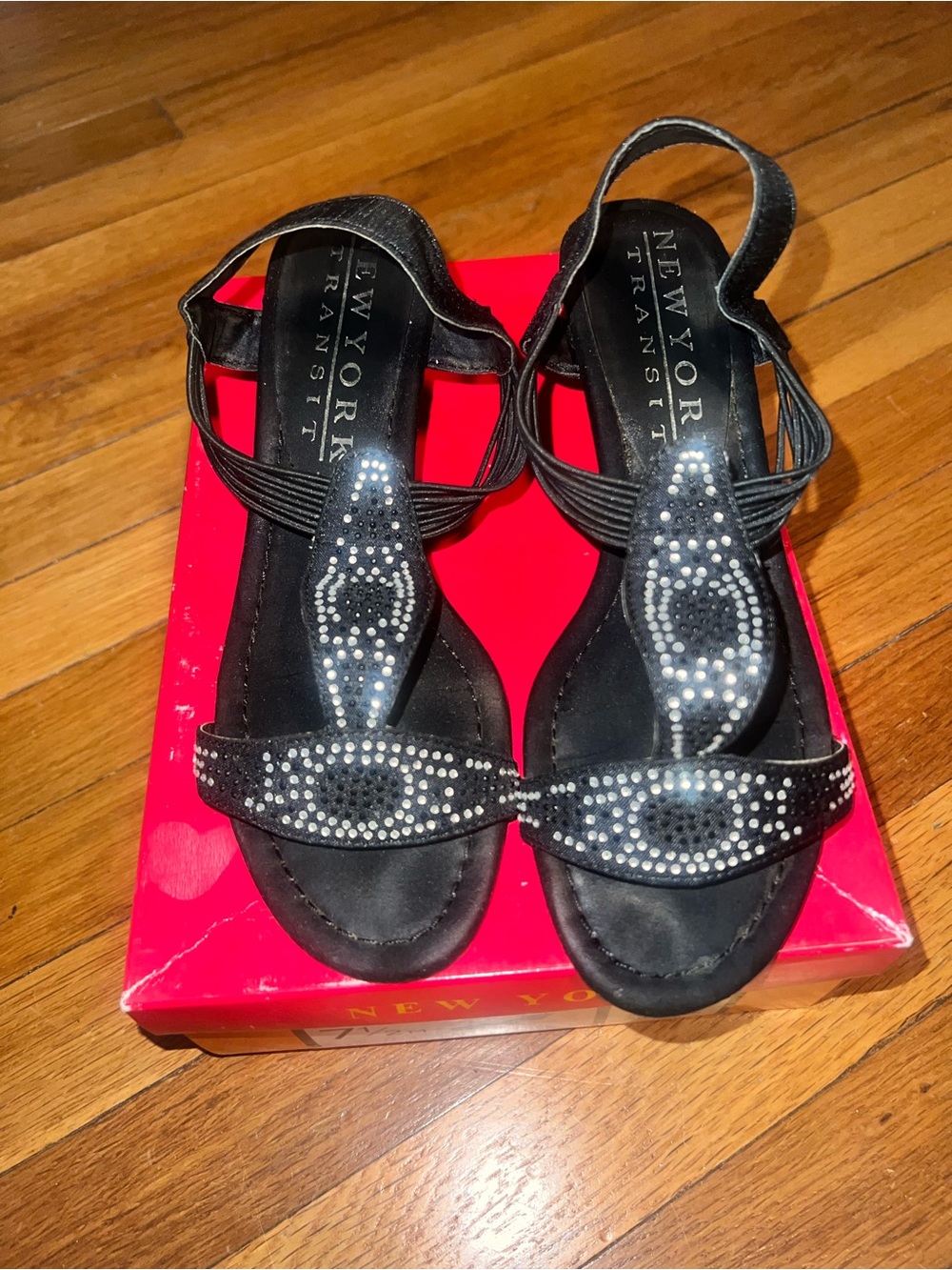 New York Transit Black Rhinestone T-Strap Sandals